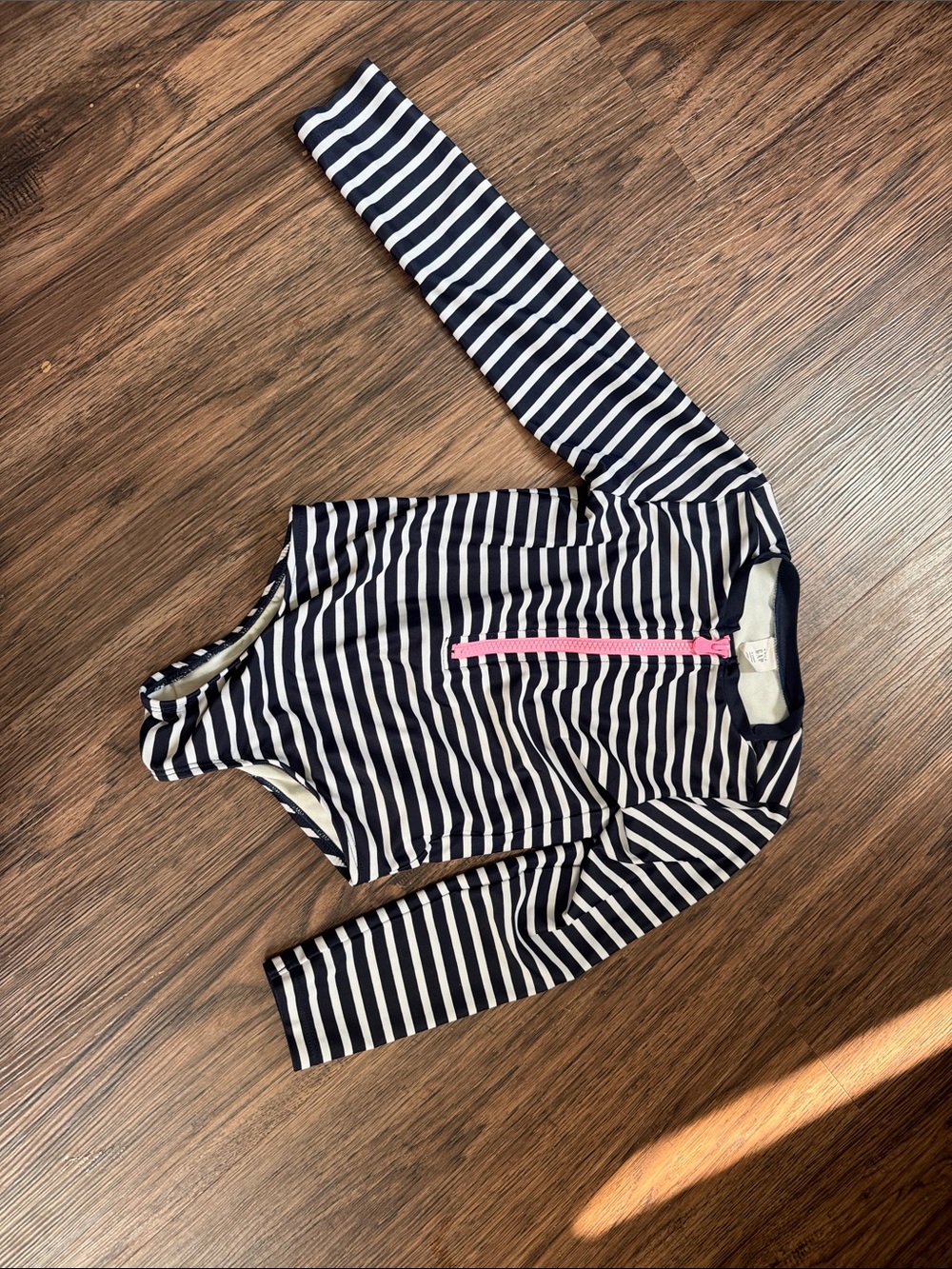 GAP Navy and White Striped Long-Sleeve One-Piece Swimsuit with Pink Zipper